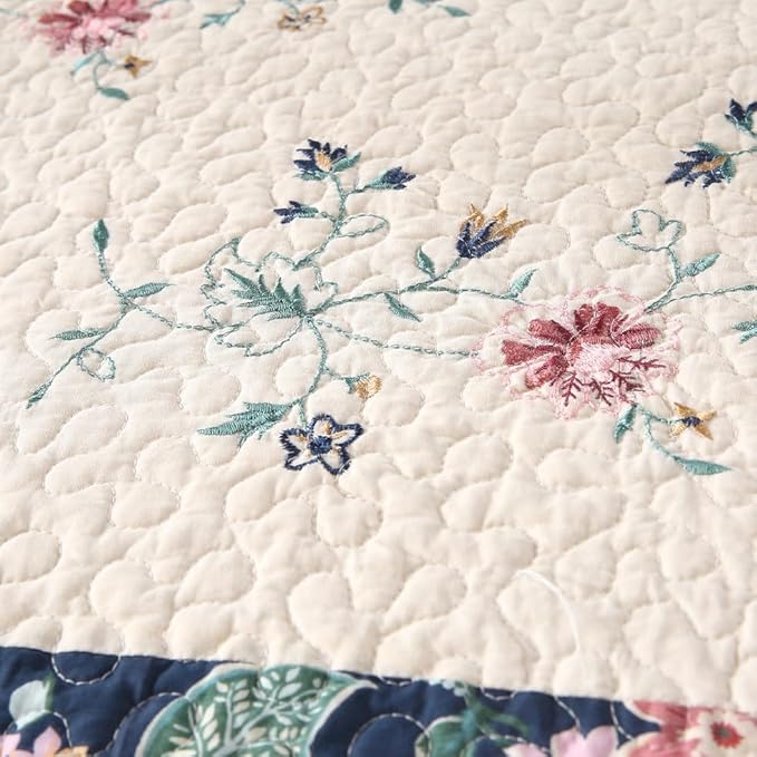 Quilt Set Floral Leaves 3D Embroidery Pattern 3 PCS Cotton Reversible Quilted Embroidered Decorative Bedspreads Coverlet Set, Lightweight &Soft Queen Size Beige Bedding Coverlet for All Season