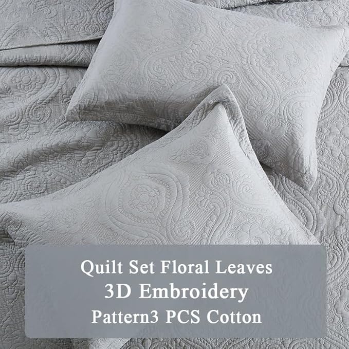 Quilt Set Floral Leaves 3D Embroidery Pattern 3 PCS Cotton Reversible Quilted Embroidered Decorative Bedspreads Coverlet Set, Lightweight &Soft Queen Size Beige Bedding Coverlet for All Season
