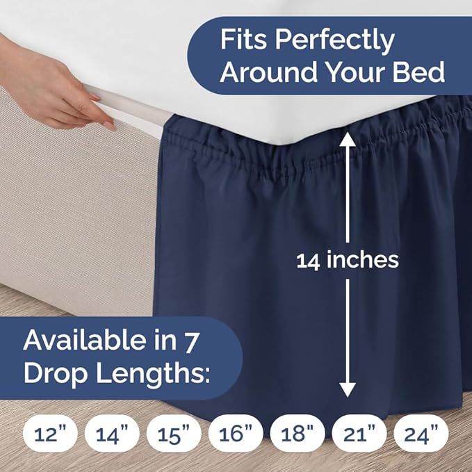 Wrap Around Dust Ruffle Bed Skirt - Navy Blue - for Full Size Beds with 12 Inch Drop - Elastic Strap - Adjustable Pleated Bedskirt with Brushed Fabric and Wrinkle Free - for Women, Men, Kids & Teens