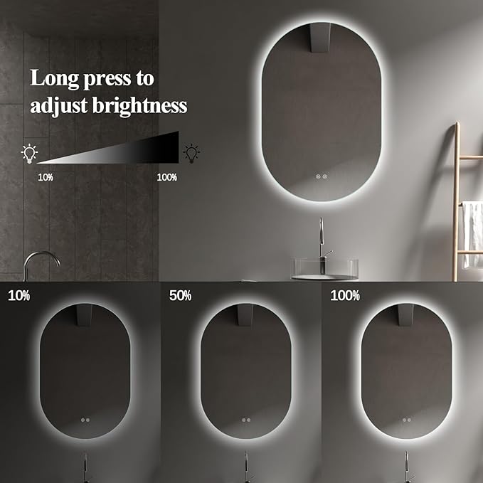 Niccy Oval LED Bathroom Vanity Mirror, 36x24inch Frameless Backlit Mirror with Light, Smart Anti-Fog Waterproof Mirror with Memory Function Dimmable Lighted Mirror
