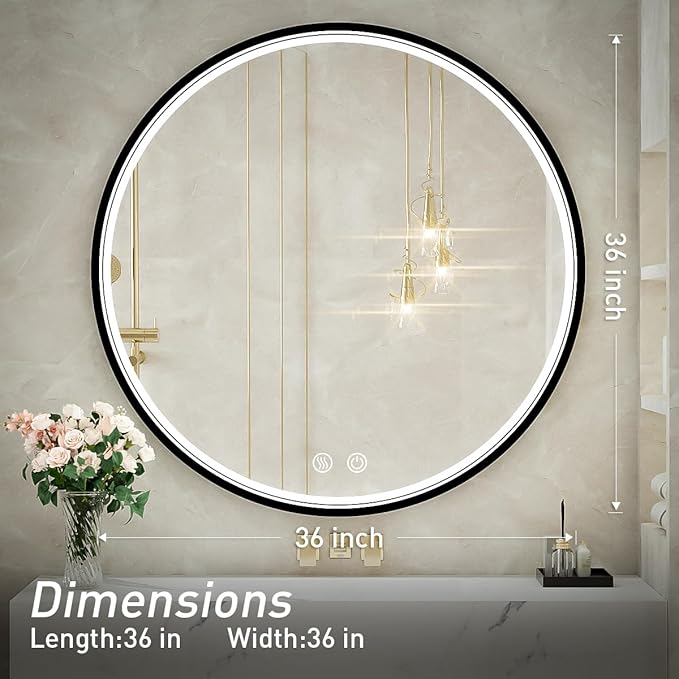 36" Round LED Bathroom Mirror, Dimmable Anti-Fog Vanity Mirror with Touch Control, 6000K Natural Light, Black Metal Frame, Wall Mounted for Makeup Shaving (IP54, 90+ CRI)