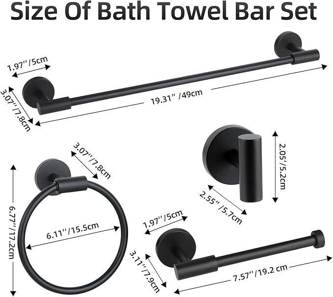 Matte Black Bathroom Hardware Accessories Set 5 Pieces, SUS304 Stainless Steel Bathroom Towel Bar Toilet Paper Holder Set Wall Mounted-19 Inch Towel Bar, Toilet Paper Holder, Towel Hooks, Towel Ring