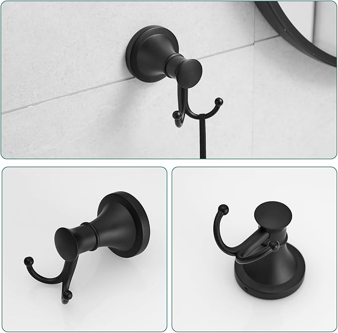 Hoimpro Matte Black 4-Piece Bathroom Bath Set, Wall Mount Bathroom Hardware Fixture (Adjustable Towel Bar Rack, Towel Ring Holder, Paper Towel Holder, Double Towel Hook), Bathroom Accessories