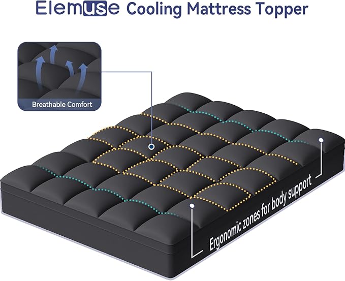 ELEMUSE Queen Black Mattress Topper for Back Pain, Extra Thick Mattress Pad Cover, Plush Soft Pillowtop with Elastic Deep Pocket, Overfilled Down Alternative Filling