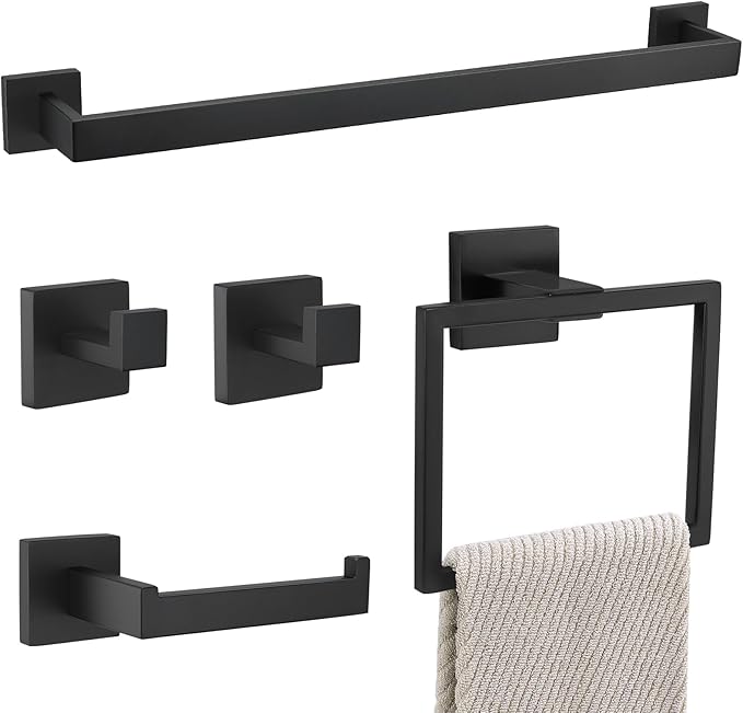 YACVCL 5 Pieces Matte Black Bathroom Hardware Set Towel Bar Set for Bathroom, Stainless Steel Towel Holder Set Wall-Mounted Bathroom Accessorie Set,23.6 Inch