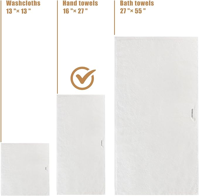 SEMAXE 12 Pack Hand Towels for Bathroom, 100% Cotton Towels with Hanging Loops, Soft and Highly Absorbent, Hand Towel Set for Gym, Shower, Hotel, Spa and Kitchen, White