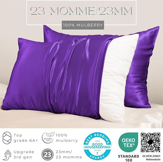 PROMEED Upgraded Grade 6A+ Purple Silk Pillowcase with Zipper, 23 Momme Natural Mulberry Silk Pillow Cases for Hair and Skin - Easy Care with Laundry Bag (Queen 20"x30", Purple)