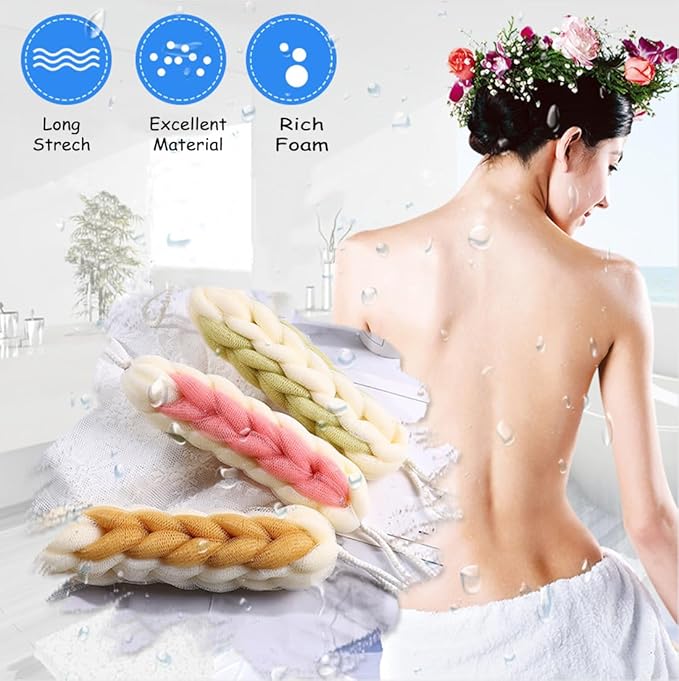 AARAINBOW 2 Packs Upgraded Long Stretch Back Sponge with Rope Handles Back Scrubber Bath Shower Mesh Sponge Exfoliating Body Scrub Stretch Braided Loofah for Men Women Braided Mesh Shower (Gray+Pink)