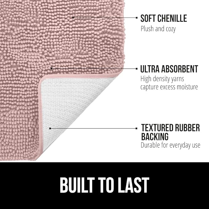 GORILLA GRIP Bath Rug Mat, Soft Absorbent Chenille, Quick Dry Microfiber Mats, Rubber Backing Washable Shower Floor Rugs, Bathmat Runner, US Designed Bathroom Home Decor Accessories 24x17 Dusty Rose