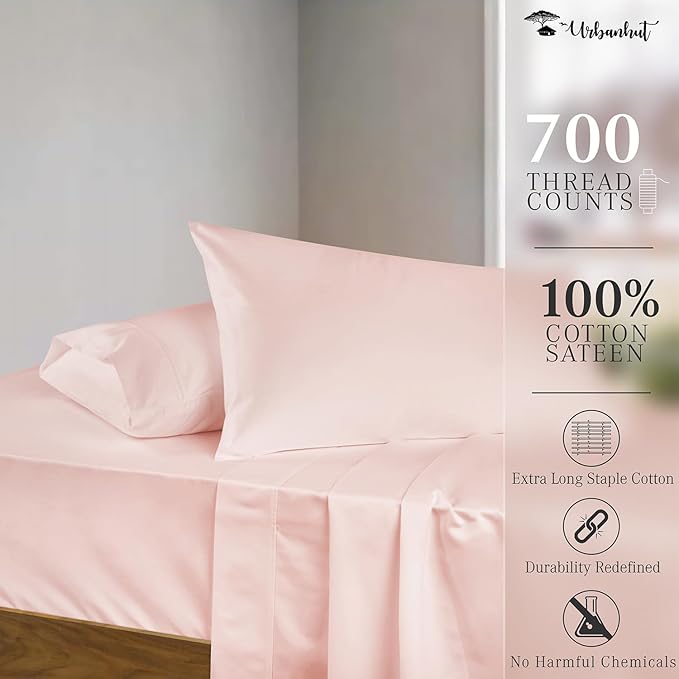 URBANHUT 700 Thread Count King Size Egyptian Cotton Sheets, 4Pc Sheet Set Soft Luxury Bed Sheets for King Size Bed, Sateen Weave Hotel Sheets, 16'' Elasticized Deep Pocket - Blush Pink