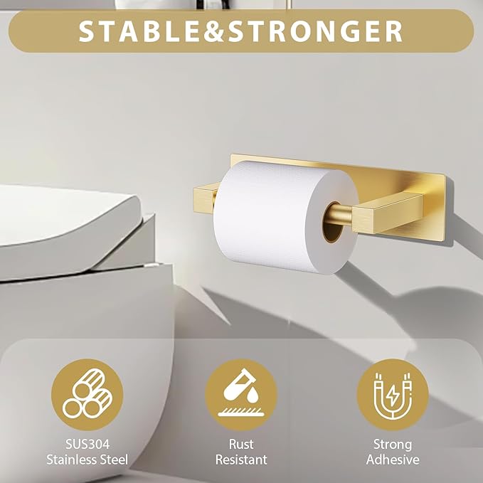 Brushed Gold Self Adhesive Toilet Paper Holder, Stainless Steel Bathroom Toilet Paper Holder Stick On Wall Mount, Commercial Toilet Paper Dispenser Peel and Stick Toilet Paper Holder Adhesive