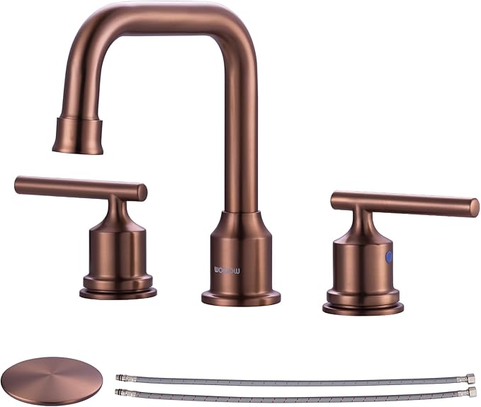 WOWOW Widespread Bathroom Faucet 3 Holes Bathroom Sink Faucet 2 Handle Vanity Faucet with Pop up Drain and Supply Lines Farmhouse Basin Tap 8 Inch Rose Gold