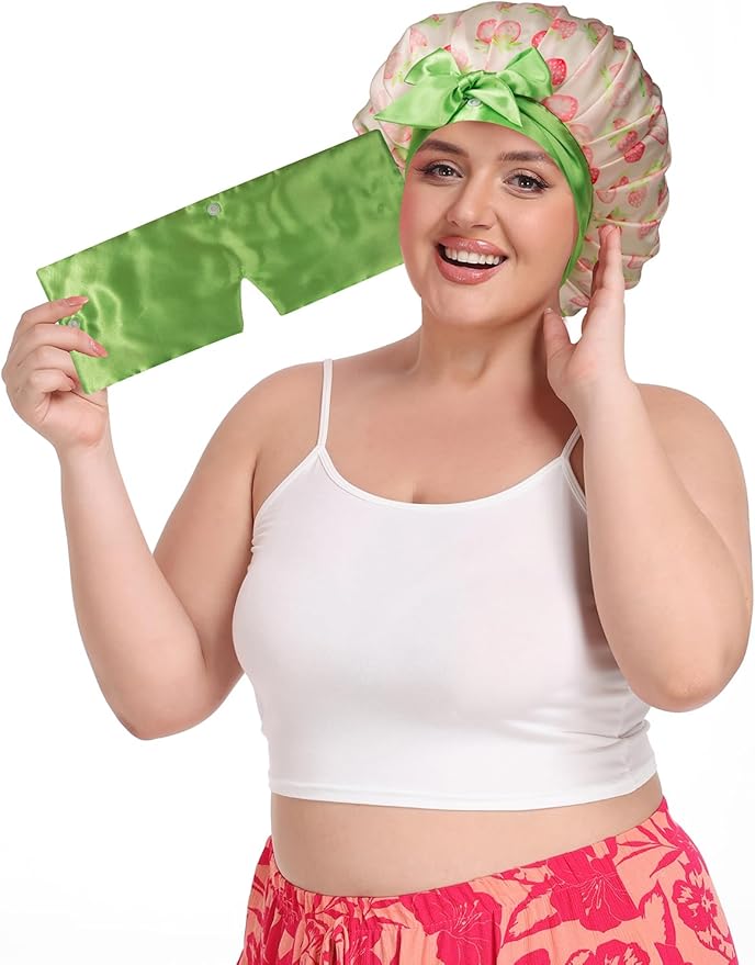Pleated Silk Sleeping Bonnet with Eye Mask Double Layer Satin Hair Bonnets Sleep Cap for Curly Natural Hair