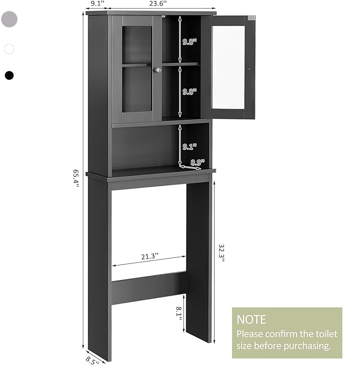 Meilocar Over The Toilet Storage Cabinet, Bathroom Storage Organizer Over Toilet with Glass Doors, Over Toilet Cabinet for Bathroom Freestanding Space Saver, Grey