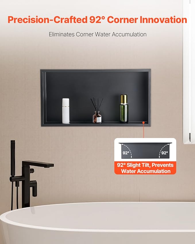 VEVOR Shower Niche, 13 x 25 x 4 inch Recessed Wall Niche, Heavy-duty Stainless Steel Modern Soap & Shampoo Storage Organizer, Sealed Waterproof, Durable & Easy to Install,Black for Bathroom