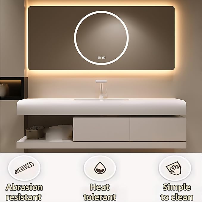 64IN Bathroom Vanity with Sink - Bathroom Cabinet Set has 2 Drawers & Overflow Hole Wall Mounted | LED Practical Defogging Mirror, Open Compartments, Seamless Rock Slab Basin (Cream White)