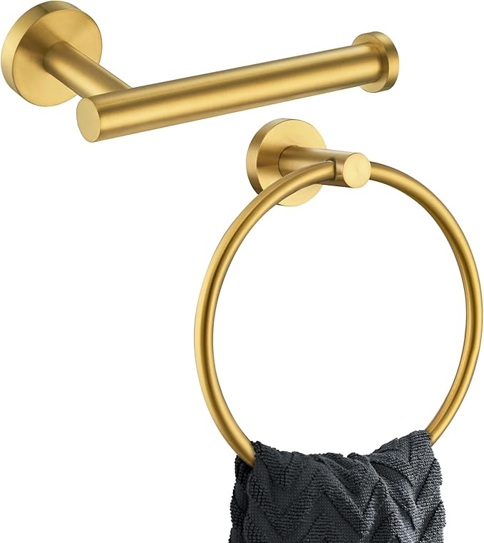 APLusee Brushed Gold 2 Pieces Bathroom Hardware Set, Hand Towel Ring and Toilet Paper Holder, 304 Stainless Steel Bath Accessories, Wall Mounted