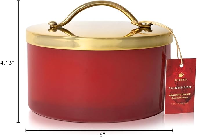 Thymes Simmered Cider Harvest Red 4-Wick Candle – Warm & Spicy Scented Candle with Notes of Freshly Pressed Apple, Clove, & Cardamom – Luxury Home Fragrance – Fall Decor – Red with Gold Lid (21 oz)