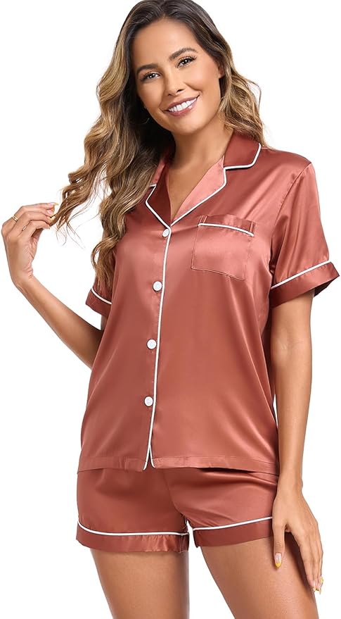 Women's Satin Pajama Set 2-Piece Sleepwear Loungewear Button Down Short Sleeve Silky PJ Set