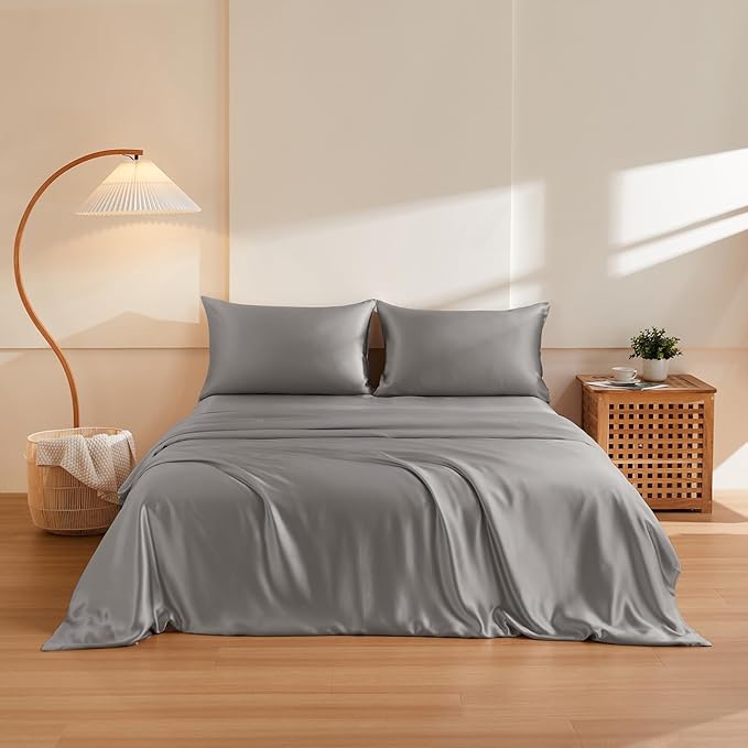 THXSILK 100% Pure Mulberry Silk Duvet Cover Set 3 Piece, 6A+ Grade Luxury Soft Bedding Silk Sheets for Hair and Skin, 1 Pcs Duvet/Quilt/Comforter Cover with 2 Zippered Pillowcases (Grey, Full)