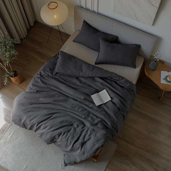 XZ XIFA Dark Grey 100% Linen Duvet Cover King Size Bedding Set, Cooling Duvet Cover with Natural Washed French Flax, Soft, Breathable, Textured Duvet Cover (1 Duvet Cover, 2 Pillowcases)