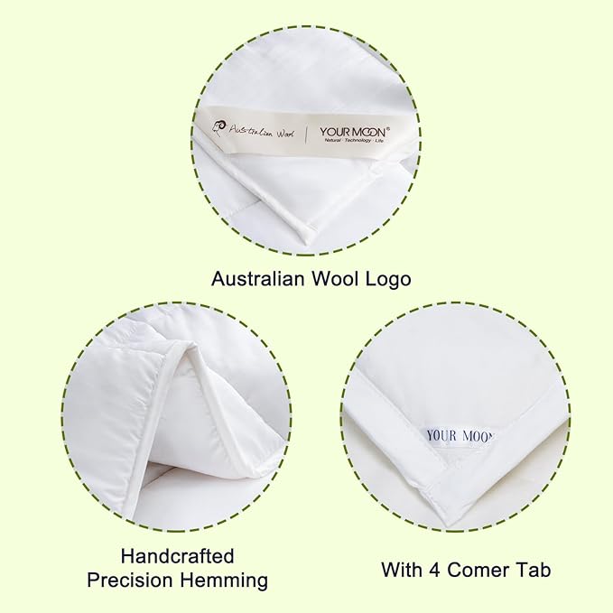 YOUR MOON Luxurious All Season Wool Comforter Queen Size 100% Natural Australian Wool Duvet, Hypoallergenic Premium Filled Comforter, Noiseless Jacquard Rayon Derived from Bamboo Shell(White)