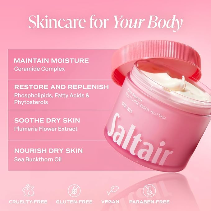 Saltair Multi-Lipid Body Butter - Rich, Nourishing Pink Beach Hydrating Body Cream with Ceramide Complex, Coconut Oil, Shea Butter, and Sea Buckthorn. Deep Moisturizing Dry Skin Care. 10oz Jar