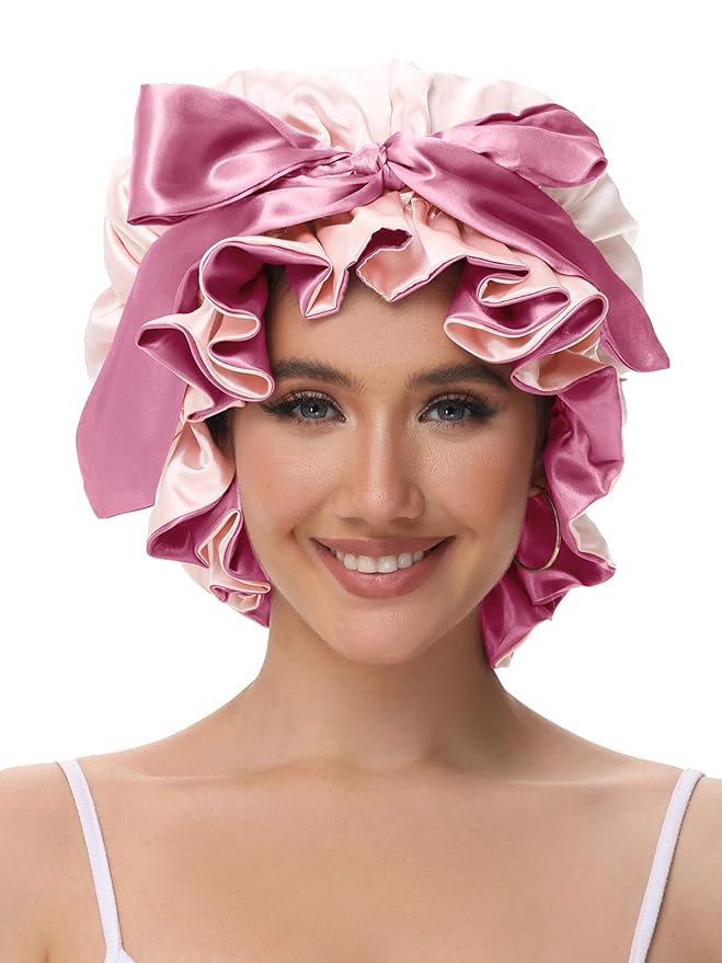 Bonnet for Sleeping, Satin Silk Hair Shower Cap Women 2025 Tie Band Adjustable Straps Head Wrap for Curly Hair Pink F