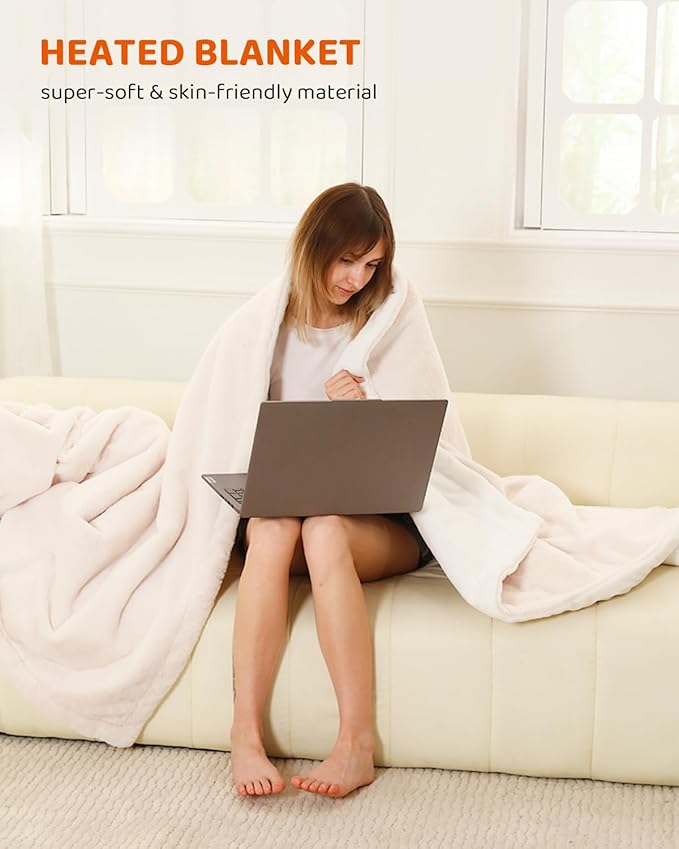 Heated Blanket Electric Blanket Throw Size, Super Soft Cozy Upgraded Flannel Heating Blanket with 9 Heating Levels & 1-9 Hours Auto Off, Fast Heat & Overheat Protection, 50" x 60", Blush White