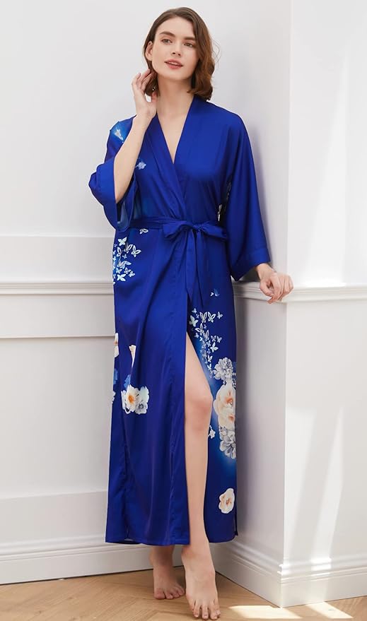 Ledamon Women's Kimono Long Robe - Classic Floral Bathrobe Nightgown