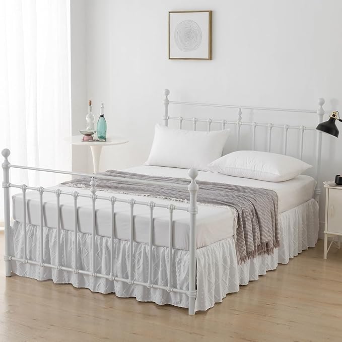 Bed Skirt Full Size Ruffled Bed Skirt with Split Corners, 12 Inch Drop Dust Ruffle Bed Skirts with Platform, Boho Tufted Shabby Chic Full Size Bed Skirts, White