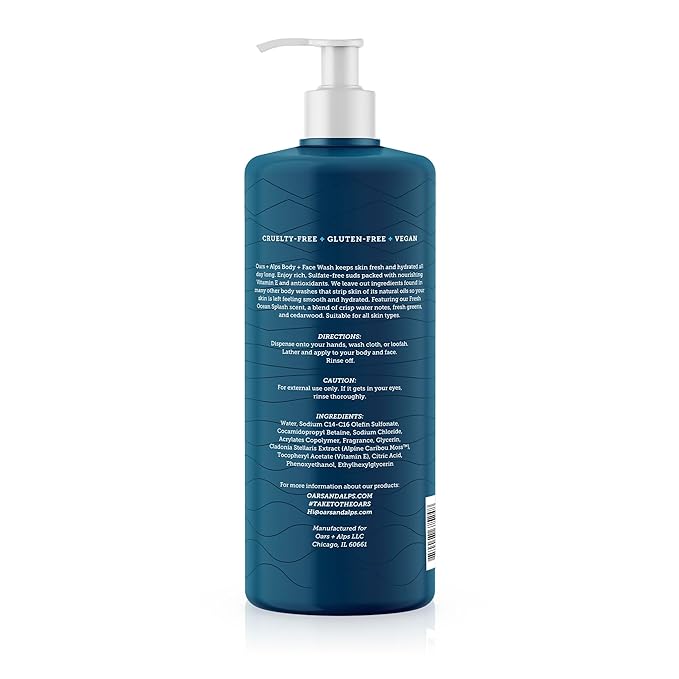 Oars + Alps Mens Moisturizing Body and Face Wash, Skin Care Infused with Vitamin E and Antioxidants, Sulfate Free, Fresh Ocean Splash 32oz