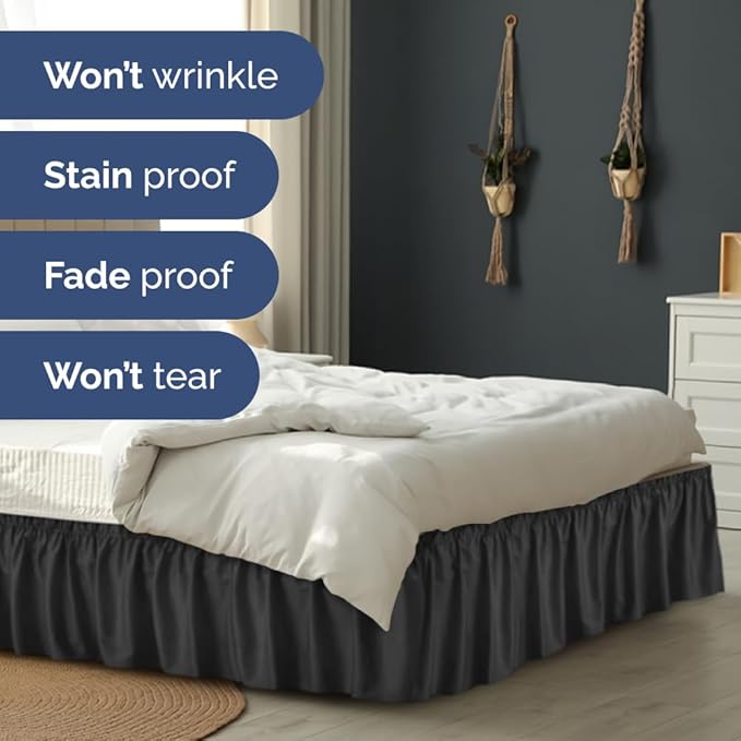Wrap Around Dust Ruffle Bed Skirt - Black - for King Size Beds with 18 Inch Drop - Easy Fit Elastic Strap - Adjustable Pleated Bedskirt w/Brushed Fabric - Wrinkle Free - for Women, Men, Kids & Teens