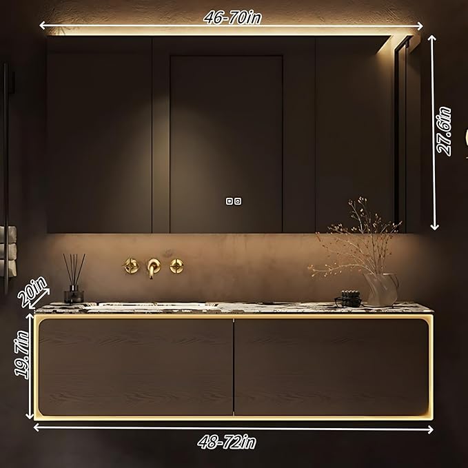 60IN Bathroom Vanity Set with a Single Sink - Embedded Sensor Light Strip & Large Capacity Floating Cabinet | Modern Bathroom Vanities with Defogging Mirror Surface & LED Lighting (Mirror Cabinet)