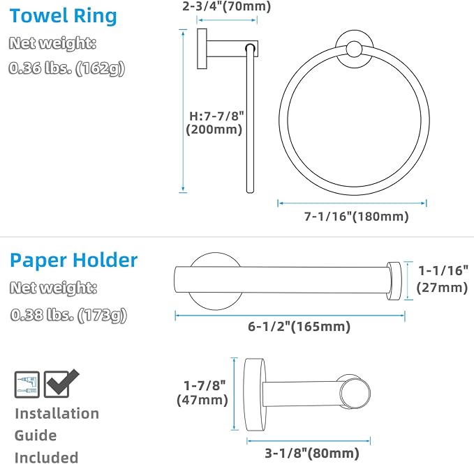 APLusee Brushed Gold 2 Pieces Bathroom Hardware Set, Hand Towel Ring and Toilet Paper Holder, 304 Stainless Steel Bath Accessories, Wall Mounted
