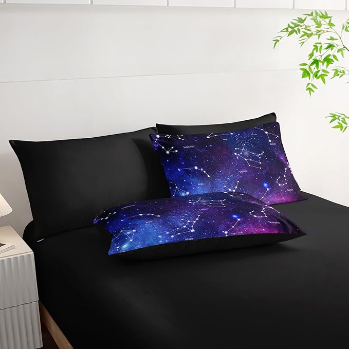7pc Space Comforter Set - Galaxy Bedding, Starry Night Bed in a Bag, Includes Sheets, Soft Microfiber, All Season, Twin Size
