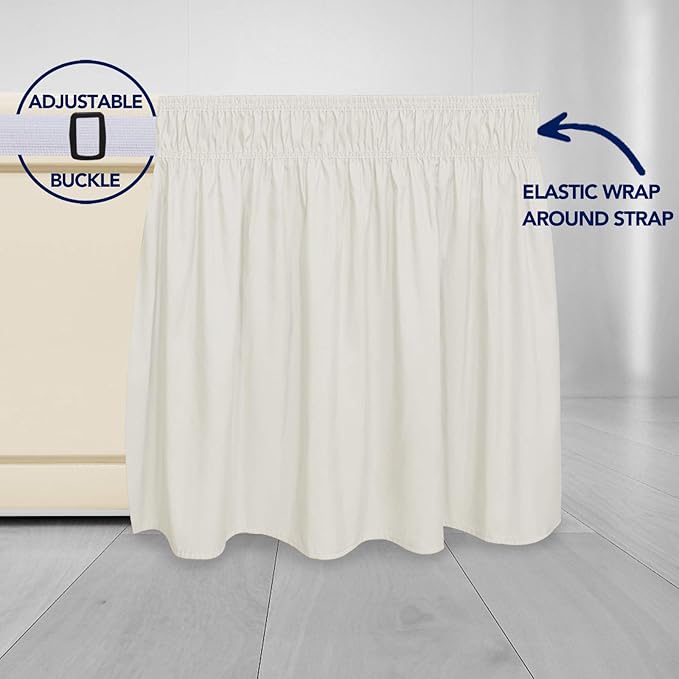 PureFit Wrap Around Ruffled Bed Skirt with Adjustable Elastic Belt - 22 Inch Drop Easy to Put On, Wrinkle Free Bedskirt Dust Ruffles, Bed Frame Cover for Queen, King and C-King Size Beds, Ivory