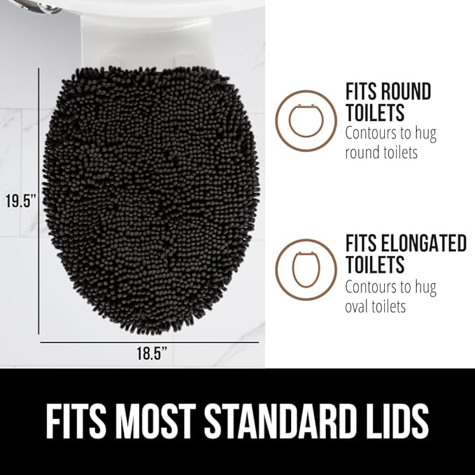 GORILLA GRIP Soft Chenille Bathroom Toilet Lid Cover, Machine Washable Seat Covers, 19.5x18.5, Stays in Place Rubber Backing, Fits Most Round, Elongated and Oblong Lids, Accessories Decor, Black