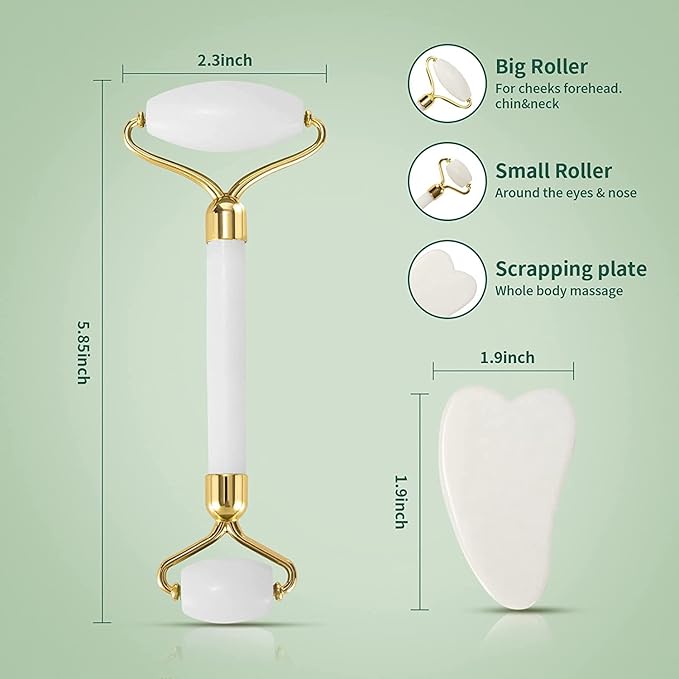 Jade Roller & Gua Sha Set - Facial Skin Care Set, Facial Beauty Tools, Natural Beauty Skin Care Tools, Face Roller Massager for Face, Neck, and Eye Treatment，Gua Sha Facial Massager (White)