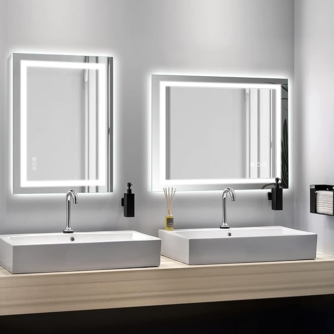 Amorho LED Bathroom Mirror 28"x 36" with Front and Backlight, Stepless Dimmable Wall Mirrors with Anti-Fog, Shatter-Proof, Memory, 3 Colors, Double LED Vanity Mirror (Horizontal/Vertical)