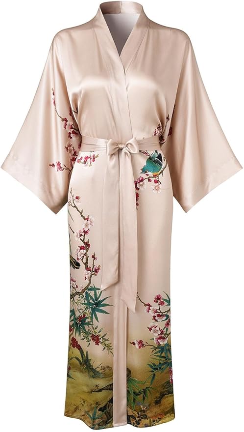 Women's Silk Kimono Robe Long Bathrobe Nightgown 100% Mulberry Silk for Women - Classic Floral Pattern