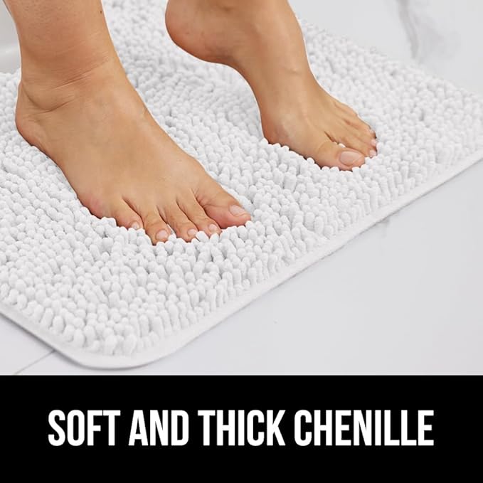 GORILLA GRIP Plush Absorbent Shaggy Chenille Bath Rug Mat for Oval Toilet Base with Rubber Backing, Machine Washable Rugs, Soft Microfiber Contour Mats for Toilets, Bathroom Decor, White