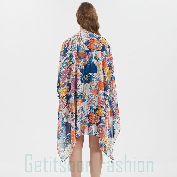 Women's Bohemian Floral Chiffon Beach Cover up Swimsuit Kimono Summer Swimwear Cardigans