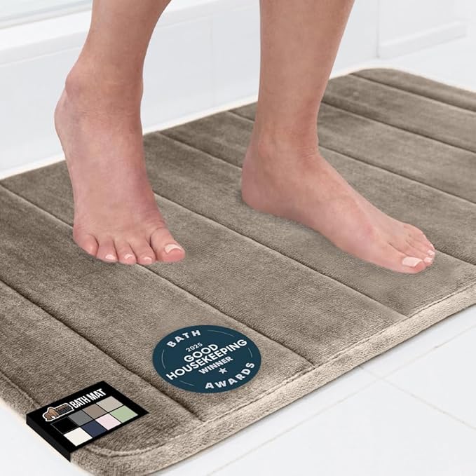 GORILLA GRIP Memory Foam Bath Mat, Soft Absorbent US Designed Bathroom Rug, Gripping Dots Machine Washable Bathmat, Cushioned Floor Mats, Shower Sink Rugs Room Décor Accessories, 24x17 Taupe