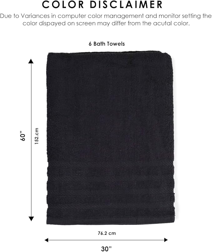 TOALLA_ Bath Towels_30x60_Pk 6_Black Bath Towels (6-Pack, 30W X 60 L Inches) Black Color- Cotton Towel for Gym, Bath, Spa, Shaving, Shampoo, for Daily use, Large