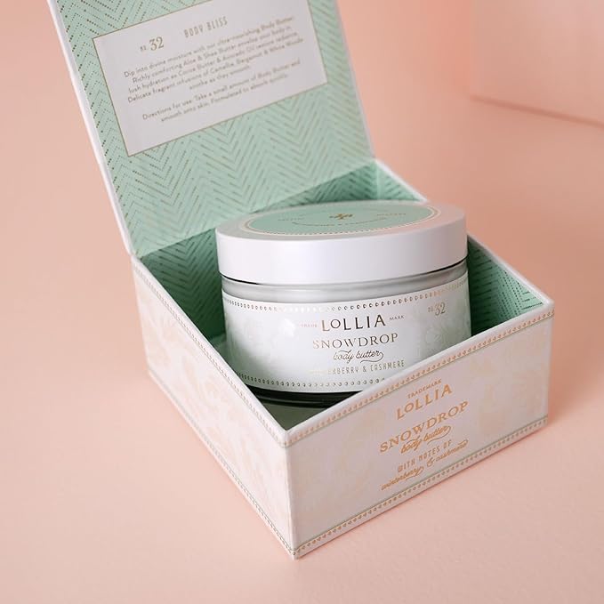 LOLLIA Snowdrop Whipped Body Butter, 5.7 oz, 155 g, Winterberry & Cashmere Scented Balm for Women, Moisturizing Shea & Cocoa Butter Lotion, Luxury Hydrating Skin Cream for Self Care
