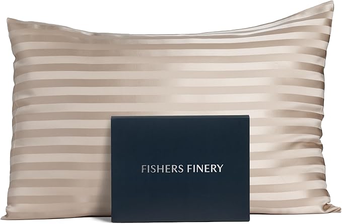 Fishers Finery 25mm 100% Pure Mulberry Silk Pillowcase (Taupe Stripe Queen)