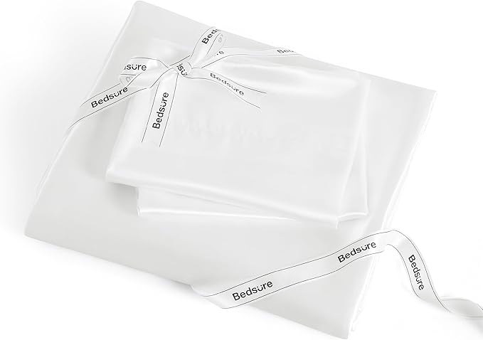 Bedsure White Satin Sheets Full Size - 4 Piece Silky Bedsheets with 15 Inches Deep Pocket Fitted Bedsheet,1 Flat Sheet, 2 Satin Pillowcases, Good for Hair & Skin (Full, White)
