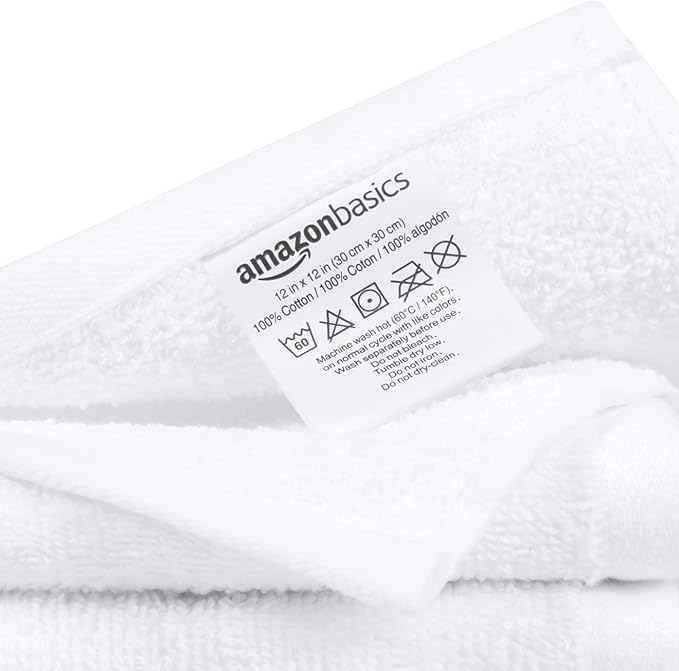 Amazon Basics Fast Drying Cotton Washcloths for Bathroom, Machine Washable, Soft and Absorbent, 12 x 12 in, White, 60 Pack