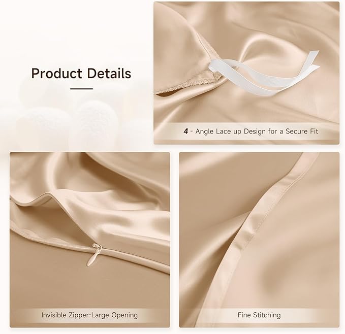 THXSILK 100% Pure Mulberry Silk Duvet Cover Set 3 Piece, 6A+ Grade Luxury Soft Bedding Silk Sheets for Hair and Skin, 1 Pcs Quilt/Comforter Cover with 2 Zippered Pillowcases (Champagne, Queen)